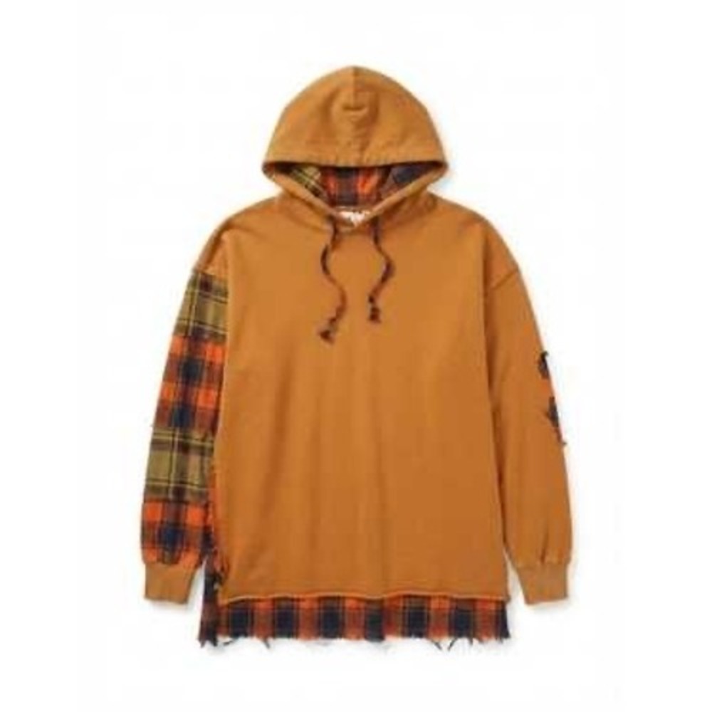 Grunge Easel Los Angeles Mixed Media Plaid Patchwork Hoodie Distressed M